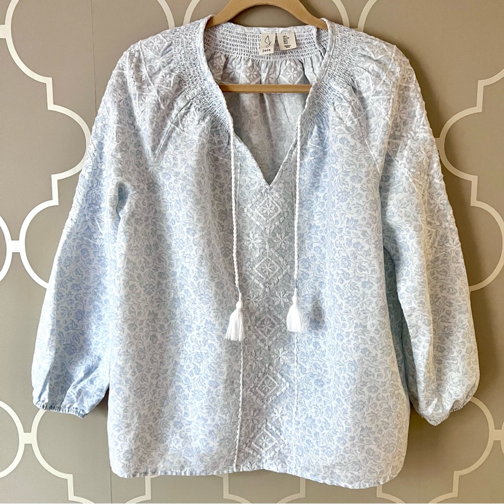 JOIE Long Sleeve Blouse Embroidered Floral Blue and White Linen Top LARGE